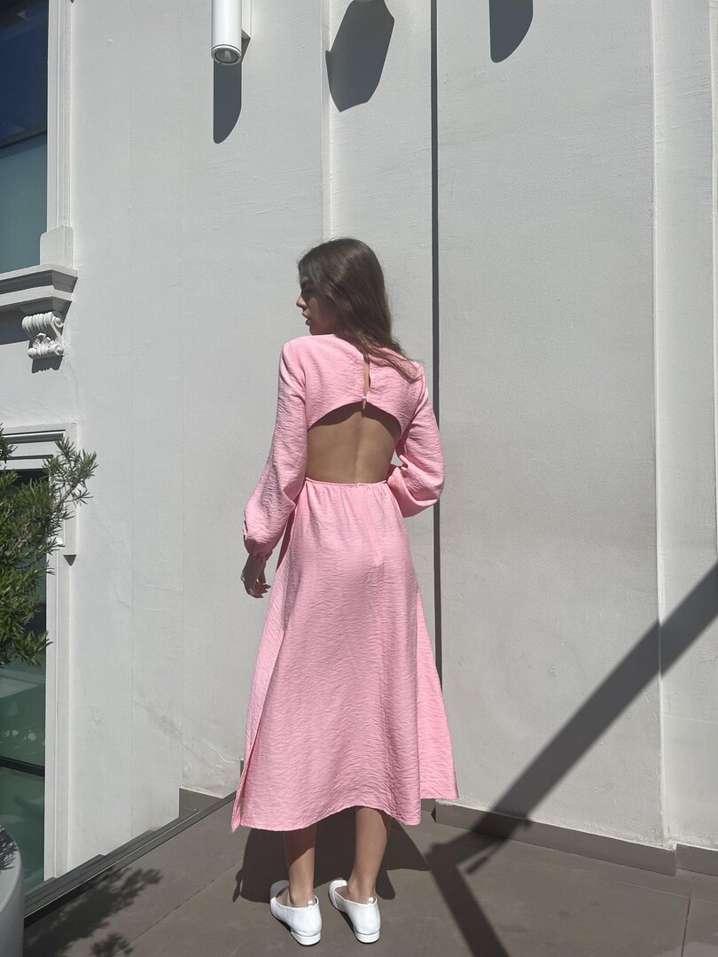 Pink Linen Cutout Dress, Long Sleeve Dress for Summer  