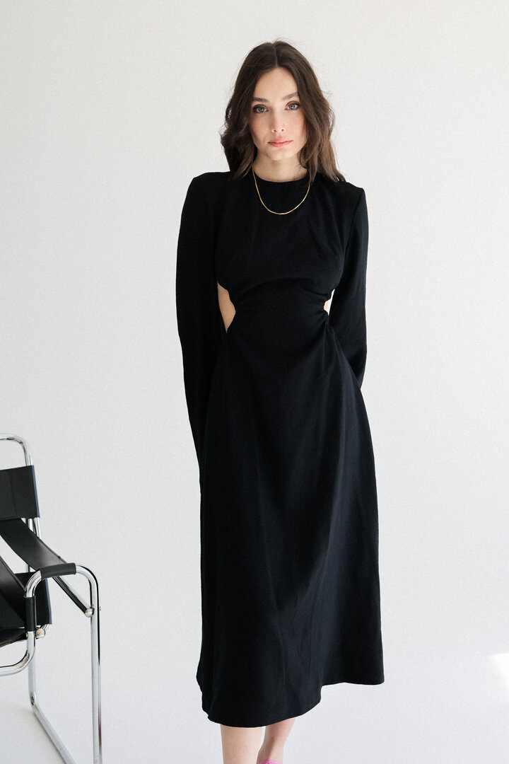 Black Linen Cutout Dress, Long Sleeve Dress for Summer 