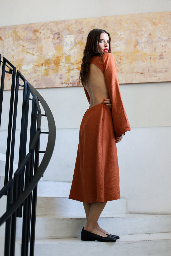 Brick Color  Linen Cutout Dress, Long Sleeve Dress for Summer 