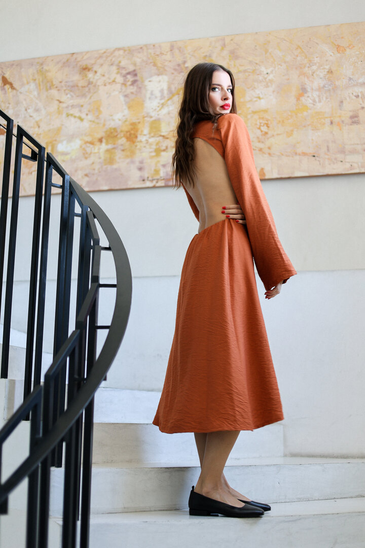 Brick Color  Linen Cutout Dress, Long Sleeve Dress for Summer 