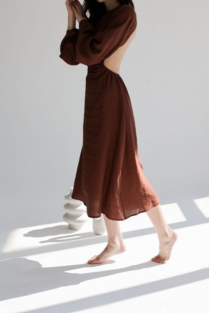 Brown Linen Cutout Dress, Long Sleeve Dress for Summer 