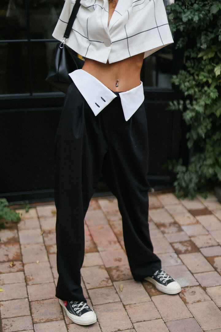 Black gabardine trousers with white detail