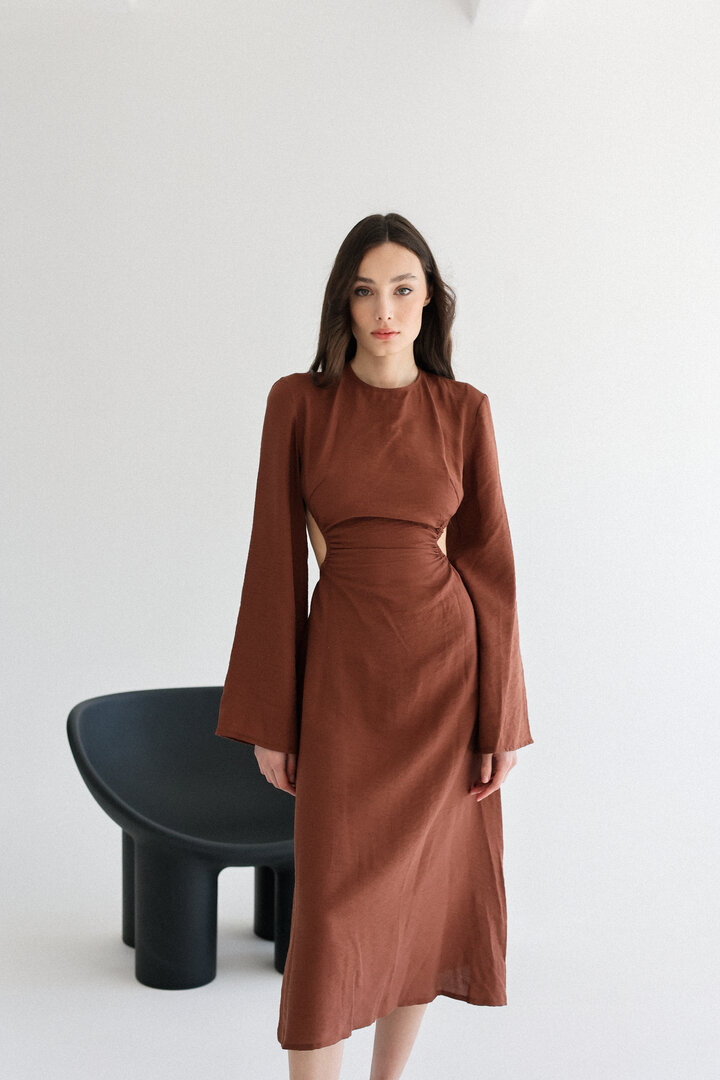 Brown Linen Cutout Dress, Long Sleeve Dress for Summer 