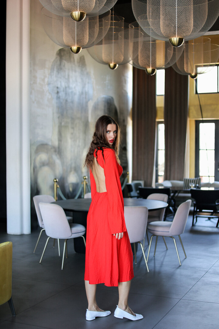Red  Linen Cutout Dress, Long Sleeve Dress for Summer  