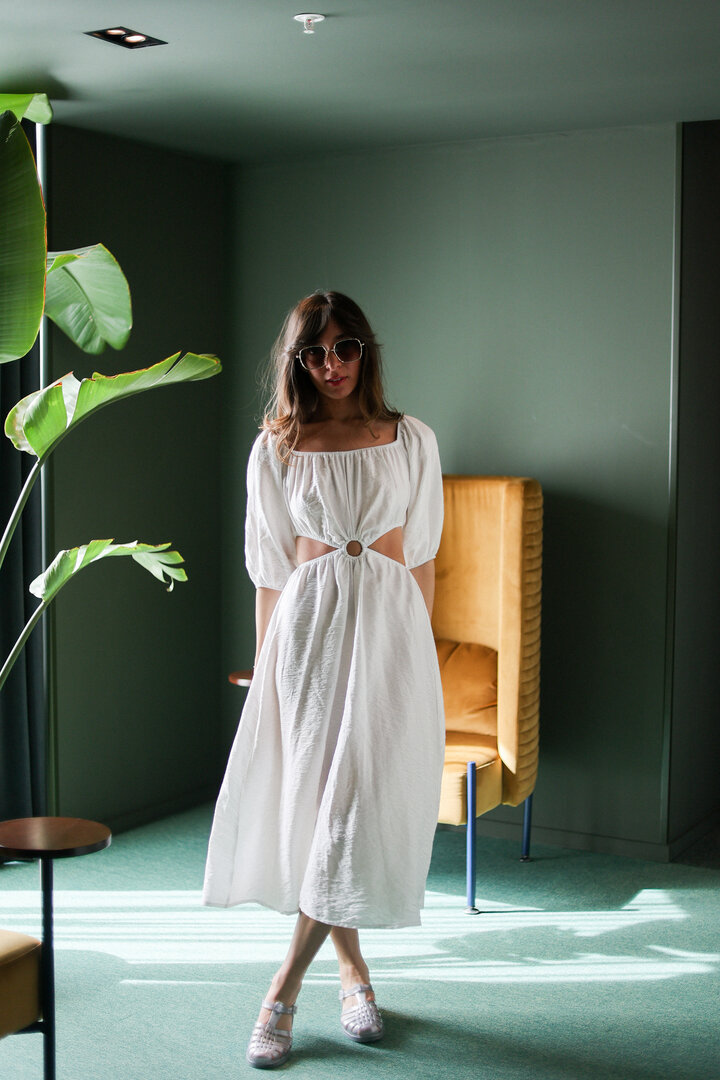 White Linen Dress With Double Ring Decals