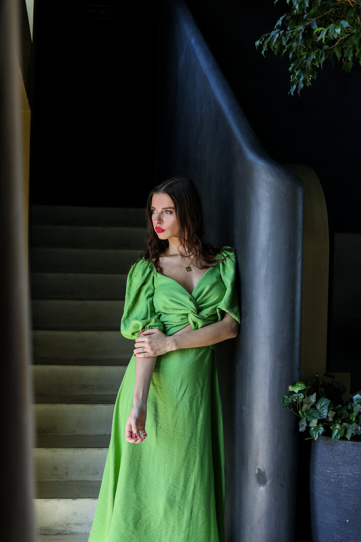 Green Linen Dress With Crossed Chest 