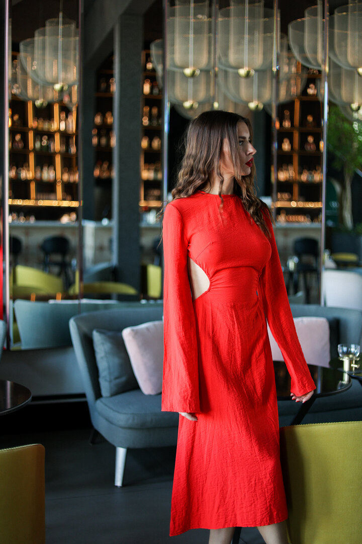 Red  Linen Cutout Dress, Long Sleeve Dress for Summer  