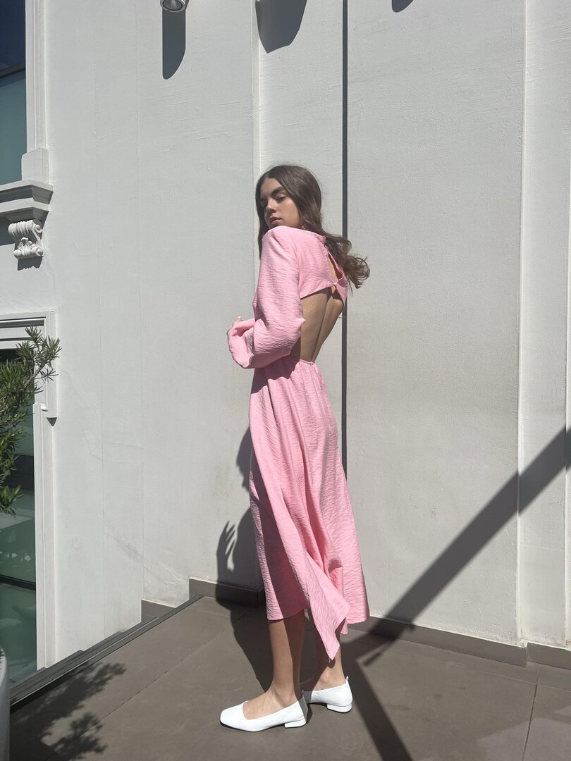 Pink Linen Cutout Dress, Long Sleeve Dress for Summer  